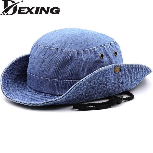 

wide brim hats 2022 blue cowboy bucket hat with string men denim beh sun hat for women outdoor hiking couple bob panama summer fisherman hat, Blue;gray