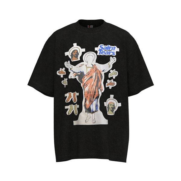 

saint denim jeasus tears print michael t shirts plus size men t-shirts men vintage acid washed oversized streetwear tee women tomboy tees yo, White;black