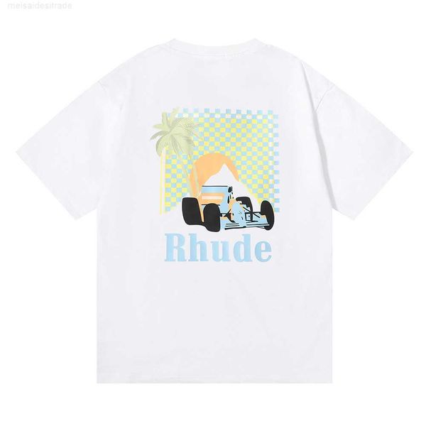 

designer oversize plus cloth fashion brand rhude label sunset coconut racing printing shortsleeved tshirt for men and women high street half, White