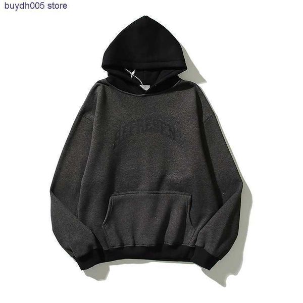 

eqeq new men's and women's hoodies fashion design brand present high street lettered print wash worn stitching casual loose sweate, Black