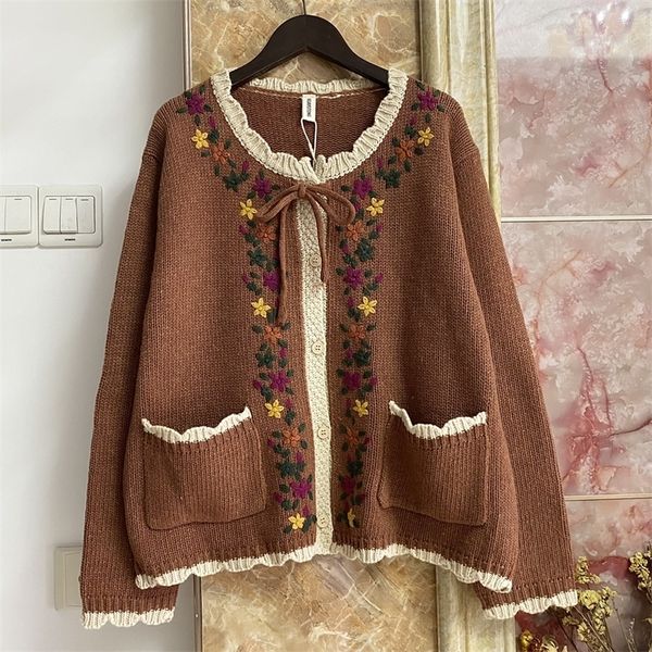 

women's knits tees autumn mori retro embroidered sweater coat round neck cardigan 230324, White