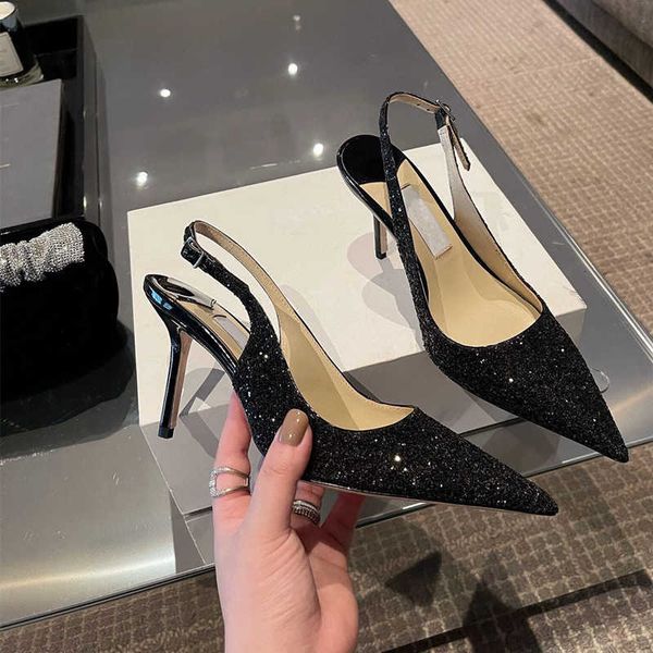 

dress shoes 2023 autumn stiletto pointed high heels women's shoes sequined bridesmaid mid-heel sandals women g230325, Black