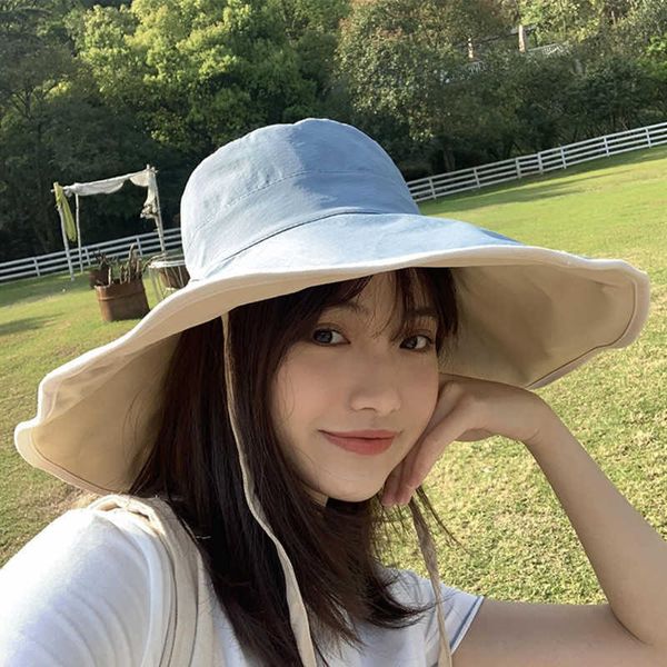 

wide brim hats wholesale summer new long-brimmed solid bucket hat women sunscreen bob edge anti-ultraviolet sun hat tide p230311, Blue;gray
