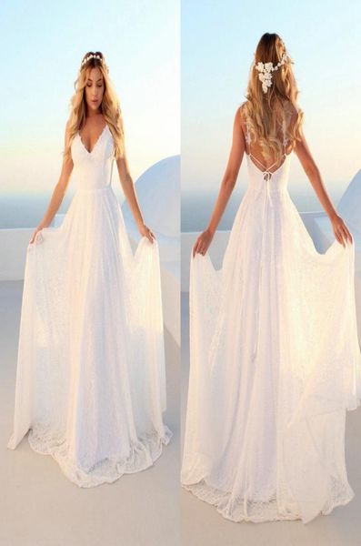 

elegant boho women straps long wedding dresses 2020 wedding gown v neck lace bohemian slim fit party bride dress 608275, White