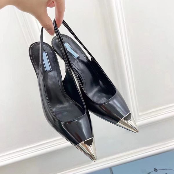

2023 women luxury dress shoes designer high heels patent leather pointed toes pumps logo-plaque slingback womens lady fashion sandals party, Black