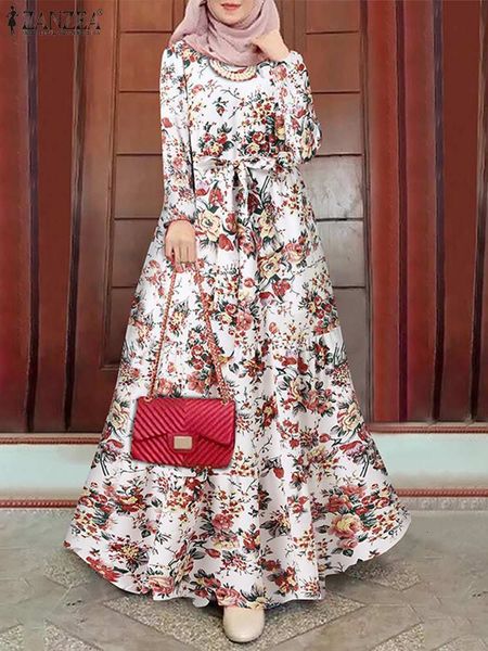 

ethnic clothing zanzea elegant floral muslim dress women printed sundress kaftan turkey abaya hijab vestidos belted female robe islam clothi, Red