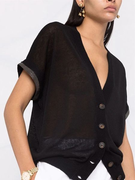 

women's knits tee's linen knitted shortsleeved cardigan cuffs handmade beaded spring summer female solid color vneck knitwear 2303, White