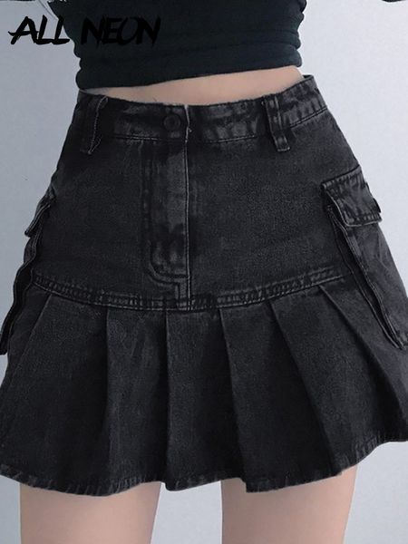 

skirts allneon mall goth y2k high waist jean e girl aesthetics black denim pleated with big pockets grunge punk outfits 230325