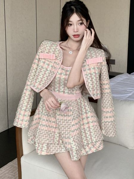 

two piece dress small fragrance tweed set women short jacket coat korean fashion sweet 2 suits 230325, White