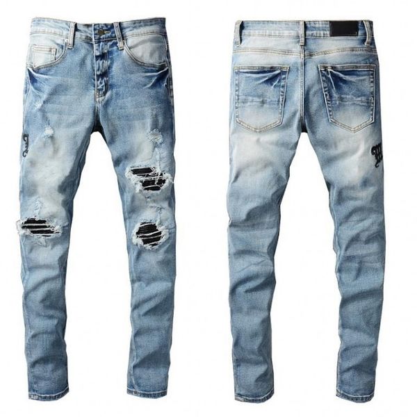 

2023 fashion mens jeans distressed motorcycle biker quality jean rock skinny slim ripped hole stripe fashionable embroidery denim pants, Blue