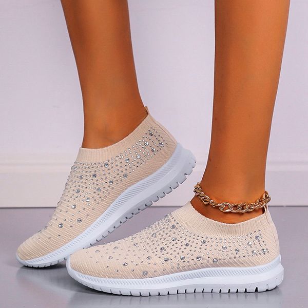 

dress shoes shining crystal flats for women plus size breathable mesh white sneakers woman spring summer soft sole sports 230325, Black