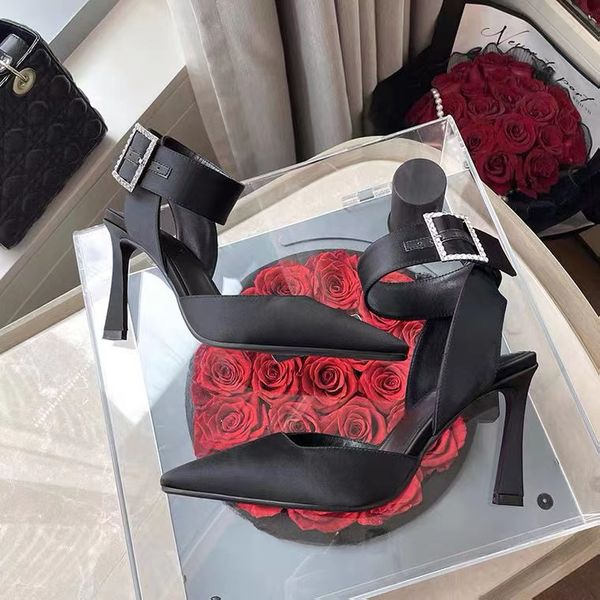 

designer sandals women's slender heels silk square headed single shoes water diamond hollow baotou shoes women's dress high heel s, Black