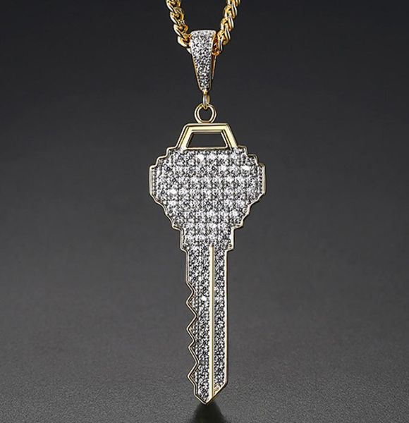 

new men039s key pendants necklace ice out cubic zircon gold color fashion rock street hip hop jewelry with chain for gift8887686, Silver