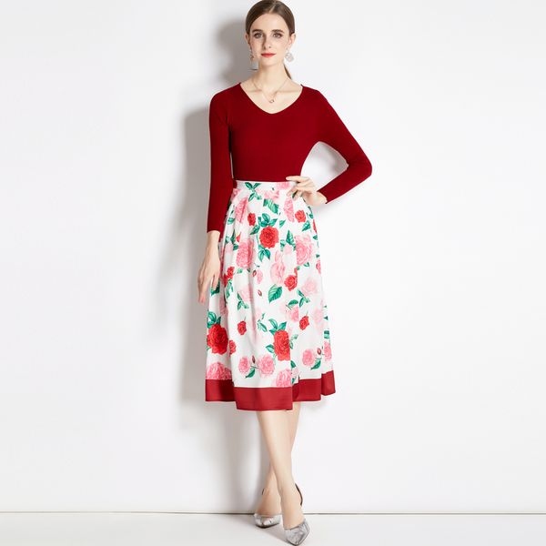 

floral two piece midi dress 2023 designer red sets women slim knitted and print pleated skirts casual resort graceful set long sleeve offic, White