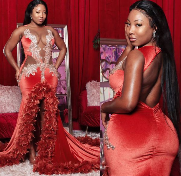 

2023 arabic aso ebi lace beaded prom dresses feather mermaid backless evening formal party second reception birthday engagement gowns dress, Black