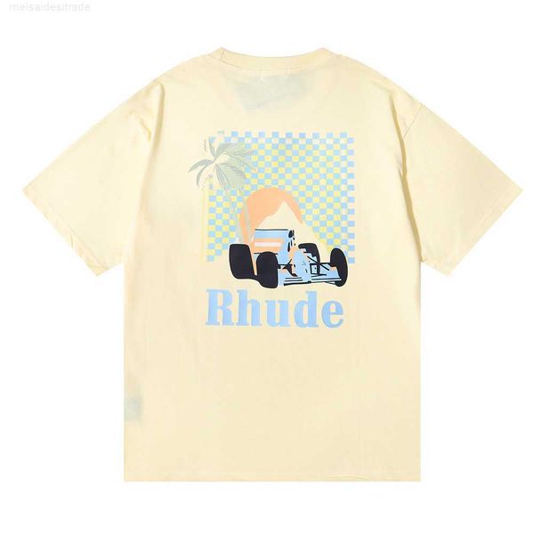 

designer oversize plus cloth fashion brand rhude label sunset coconut racing printing shortsleeved tshirt for men and women high street half, White
