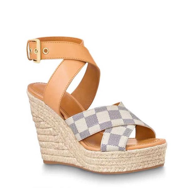 

high-heeled sandals twine braided summer beach fashion casual sandals leather wedges belt buckle women shoes lady metal cowhide letter fishe, Black
