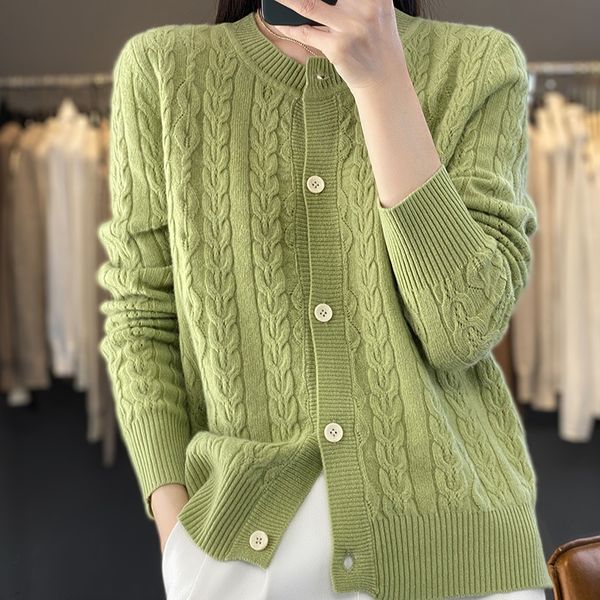 

women's knits tees 23 spring 100 pure wool cardigan round neck twist knitted hollow cashmere sweater jacket short outside 230324, White