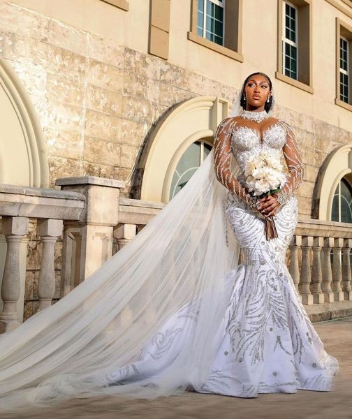 

luxury mermaid arab wedding dresses long sleeves v neck halter beaded sequins appliques 3d lace sparkly lace-up bridal gowns plus size vesti, White