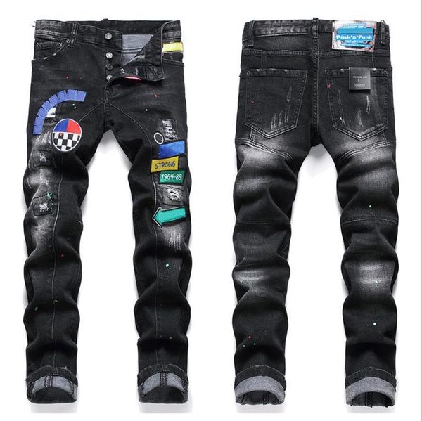 

fashion mens jeans men jean hip hop street trend zipper chain decoration ripped rips stretch pants black slim fit washed motocycle denim pan, Blue