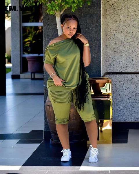 

women's two piece pants cm.yaya sport elegant 2 set for women summer button neck tee and knee length matching tracksuit 230325, White