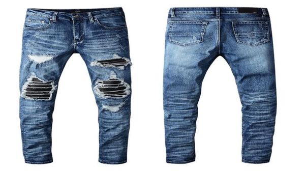 

luxury solid classic mens jeans arrival designer fashion stitching leather biker ripped jeans distressed pants zebra stripes q2944563, Blue