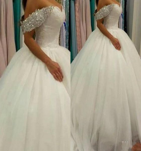 

arabic gorgeous princess ball gown wedding dresses off the shoudler formal brides gowns blingbling sequins crysatls cap sleev9163491, White