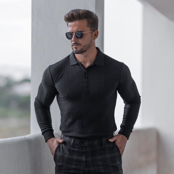 

men's polos autumn clothing gym knitted long sleeve polo shirt men fitness workout skinny t-shirt male bodybuilding tee shirt sports po, White;black
