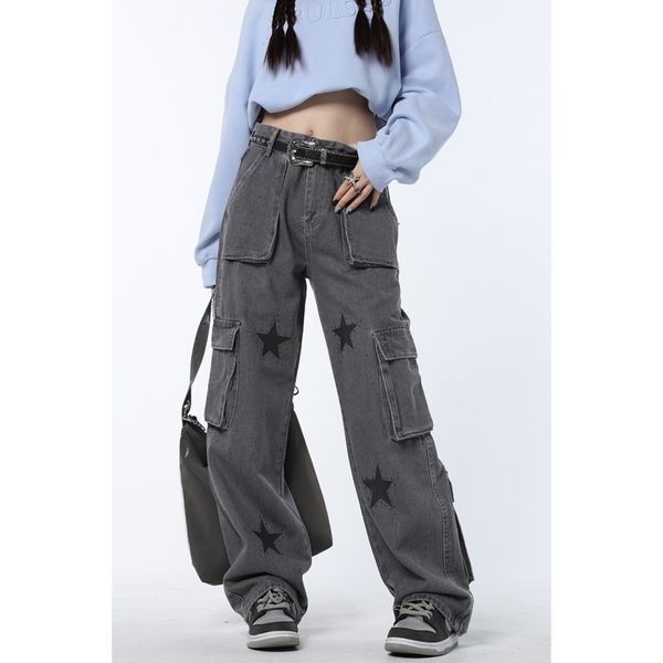 

women's jeans vintage grey high waist women straight baggy denim pants stars american fashion streetwear wide leg jean female trouser 2, Blue