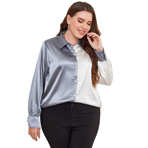 

women's plus size tshirt women's color block button down blouse turn down collar long sleeve plus size shirt female oversized sati, Black