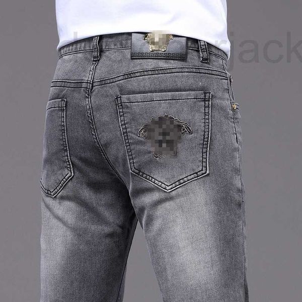 

men's jeans designer spring summer thin slim fit feet stretch casual trend korean high end medusa embroidery n1l6, Blue