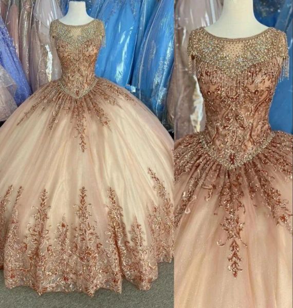

2023 champagne quinceanera dresses with gold sequins applique scoop neck tassle beaded floor length tulle corset back sweet 16 party prom ba, Blue;red