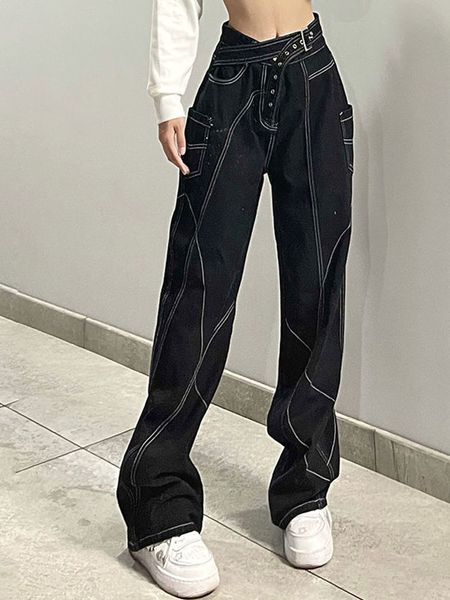 

women's jeans houzhou vintage baggy jeans fashion y2k streetwear women high waist denim trousers loose cargo pants female harajuku 90s, Blue