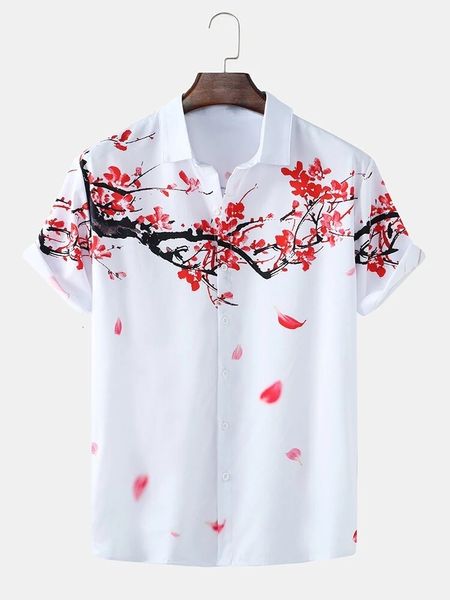 

men's casual shirts clothing summer ink painting plum short sleeve beach for 230325, White;black