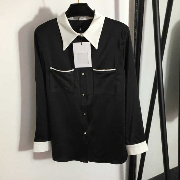 

23ss designer blouse shirts womens clothes chest small fragrance logo drill pocket diamond button patchwork color lapel long sleeve shirt wo, White