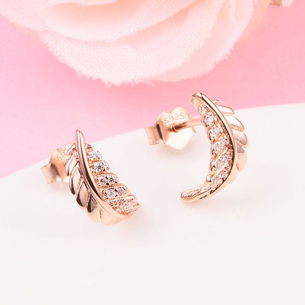 

rose gold plated floating curved feather stud earrings fits european pandora style jewelry fashion earrings, Golden;silver