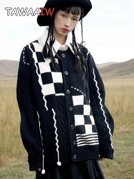 

women's knits tees tawaaiw black patchwork checkerboard cardigan women autumn winter korean style streetwear single breasted ladies swe, White