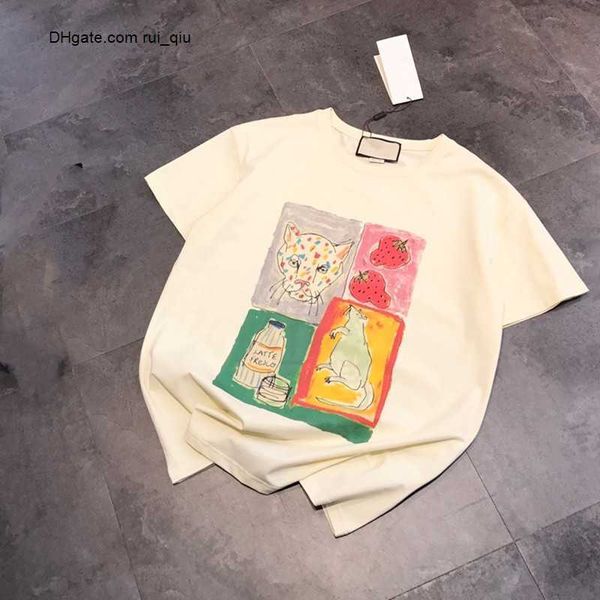 

spring 2022 summer new designer trend women's t-shirt four grid hand painted graffiti cartoon strawberry leopard mouse print casual rou, White