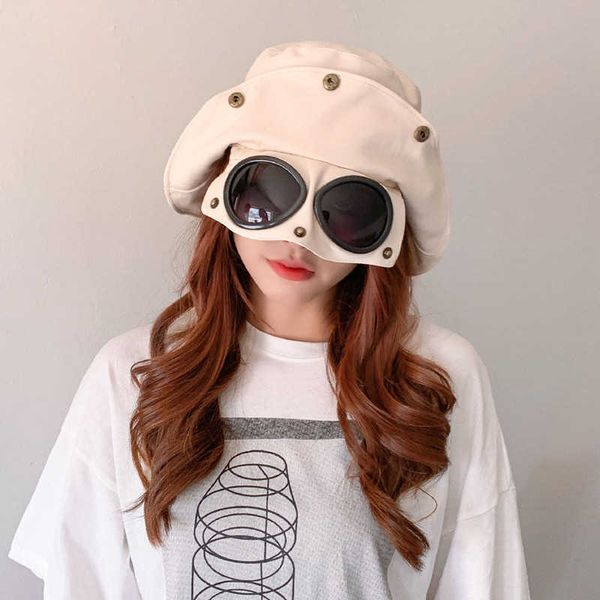 

wide brim hats 2021 fashion cotton women men bucket cap with sunglasses sunscreen pilot fisherman hat female p230311, Blue;gray
