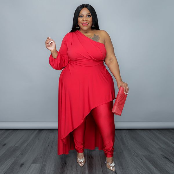 

women's plus size pants suit dress female fashion solid color slant shoulder long sleeve irregular hem loose trousers set women 230324, Black