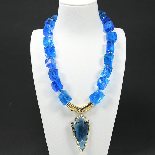 

deep blue natural glass quartz rough pendant nugget necklace handmade blue crystal rough arrow gifts for lady, Silver