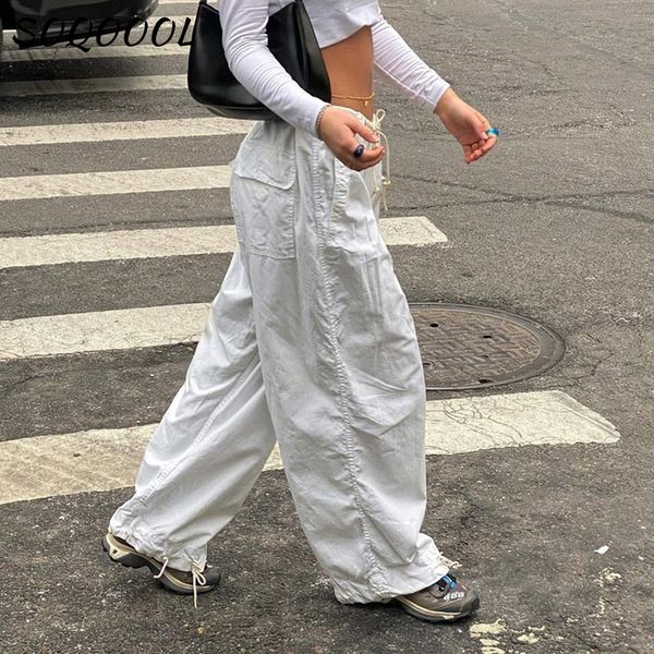 

women's pants capris hippie y2k cargo women low waist sweatpant drawstring pockets baggy wide leg trousers korean vintage white parachu, Black;white