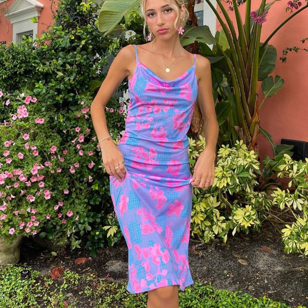 

casual dresses european and american ins suspender dress women's 2023 irregular print high-waisted backless versatile mid-length skirt, Black;gray