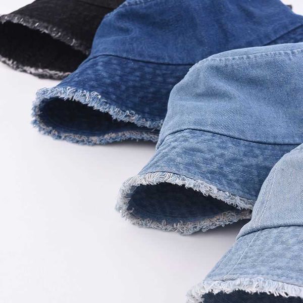 

wide brim hats kpop bangtan boys jimin same bucket hat denim style fisherman hat for woman korean design vintage fringed edge p230311, Blue;gray