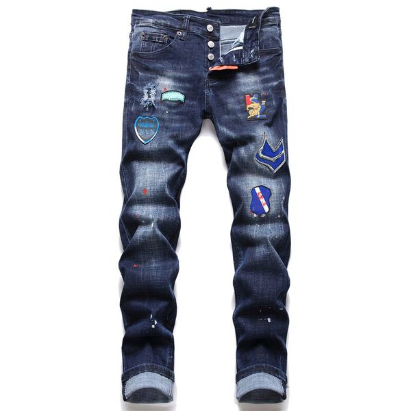 

designer jeans mens skinny desig 45 colors pants long hippop sticker embroidery slim denim straight streetwear wholesale 29-38 15 jg8t, Blue