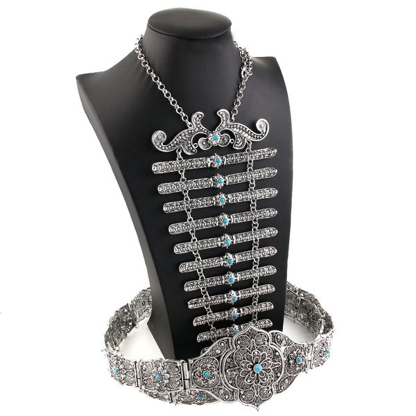 

wedding jewelry sets sunspicems retro vintage turkish caucasus belt breastplate for women muslim dress turquoise neccklace waist chain 23032, Slivery;golden