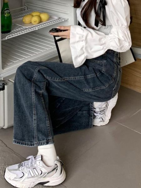 

women's jeans houzhou women straight jeans casual vintage baggy high waist denim trousers korean style streetwear fashion female denim, Blue