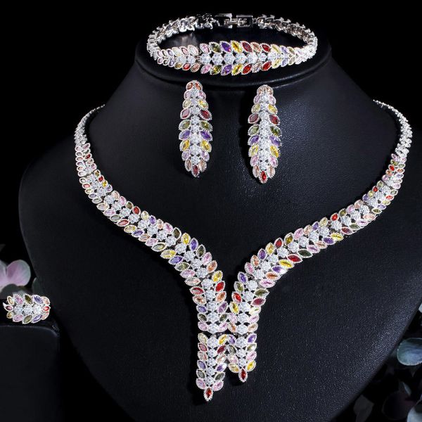 

wedding jewelry sets cwwzircons 4pcs colorful cz chunky big leaf necklace white gold plated naija dubai bride set for pageant t657 230325, Slivery;golden