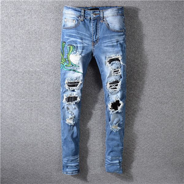 

2023 classic printed embroidery denim mens jeans designer jeans motorcycle hole luxury men's street wear men designer fashion pants, Blue