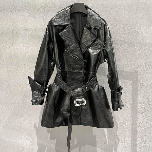 

women's jackets vintage black sheepskin midlength jacket 2023 runway designer belt waist hollow out long sleeve genuine leather outwear, Black;brown